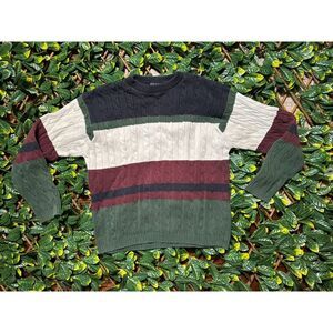 Vintage TRADER BAY 100% Cotton Cable Knit Striped Sweater Size Large